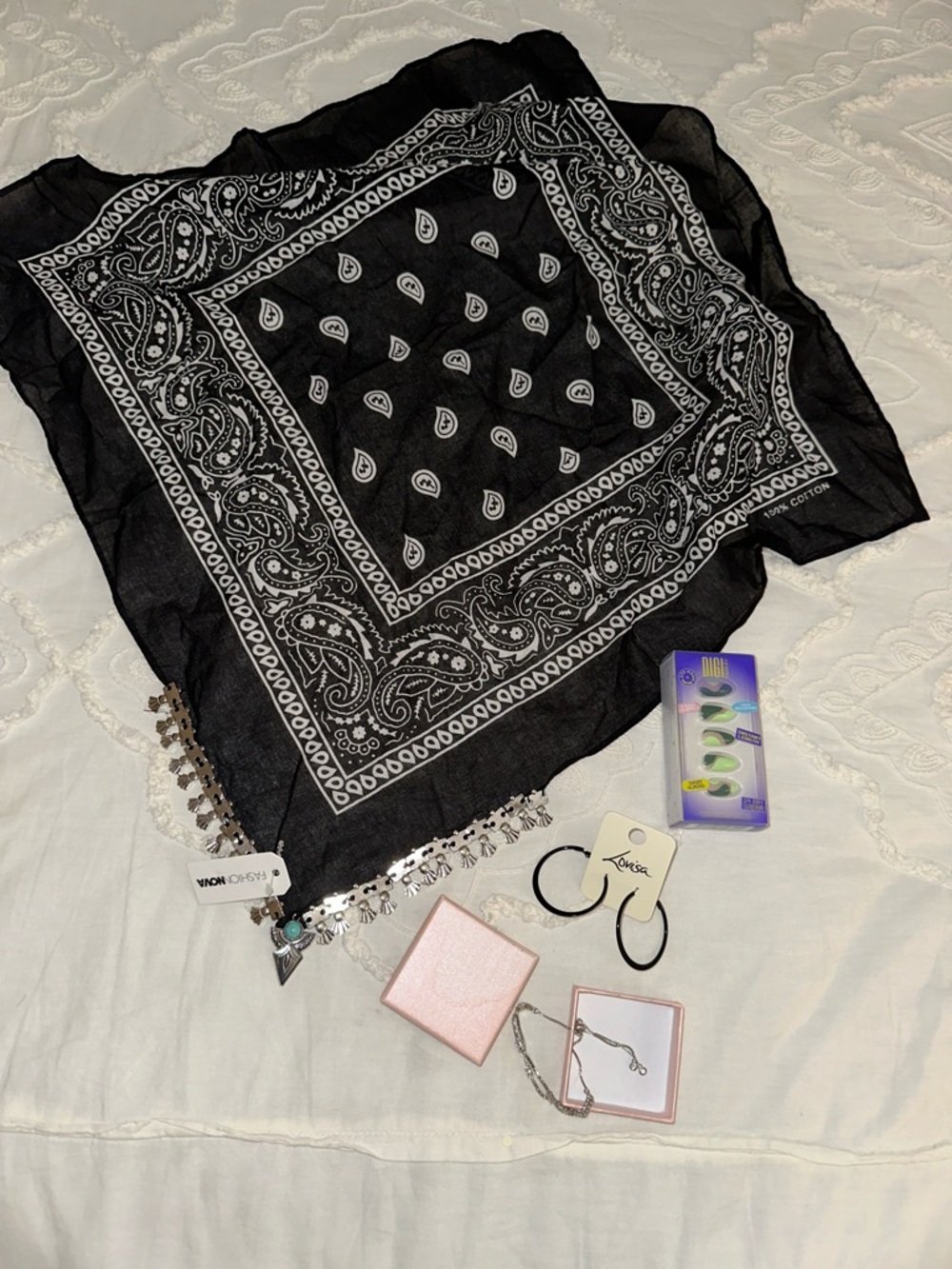 Bandana, earrings, bracelet, and nails set